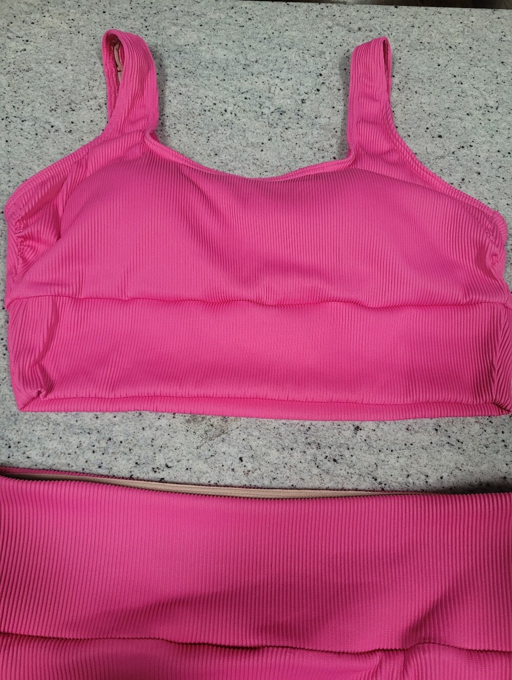 Lands’ End Pink Tugless Ribbed Midkini and High Waisted Bottom Swim Set Large - Picture 3 of 11